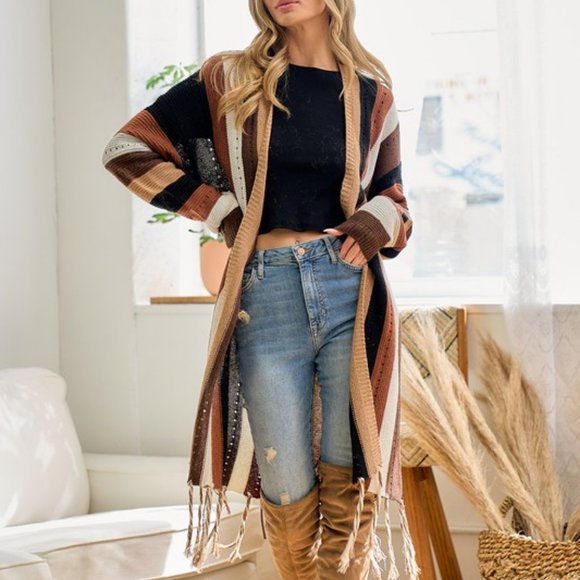 NEW ON BLUE bohemian western duster cardigan sweater stripe SM-XL Choco fringe - Picture 6 of 6